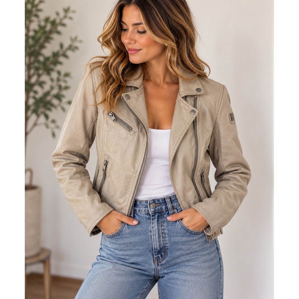Mauritius Leather Biker Jacket Womens S Cream Beige Moto Asymmetrical distressed